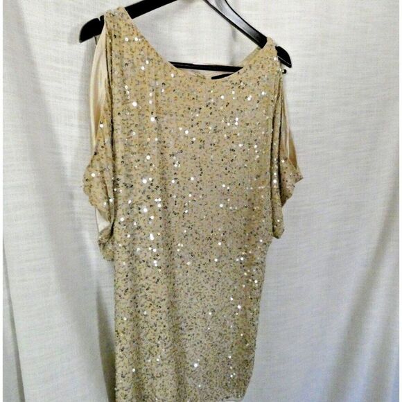 Aidan Mattox Dress Women 4 gold Beaded Sequin Mini Embellished Cold Shoulder - Picture 1 of 16